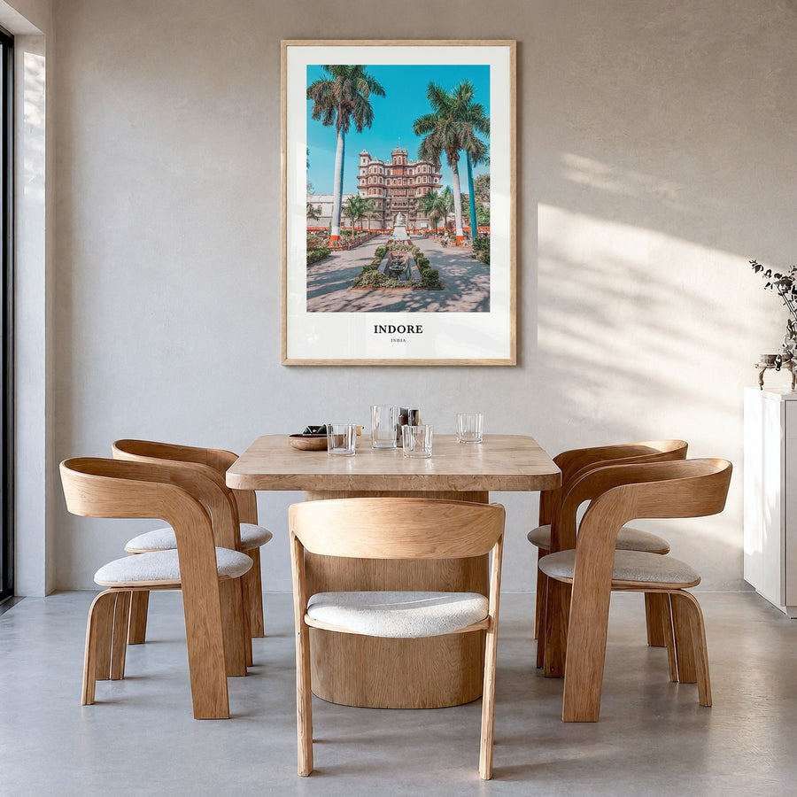 Indore Classic Poster in a natural wood frame, hanging in a dining room