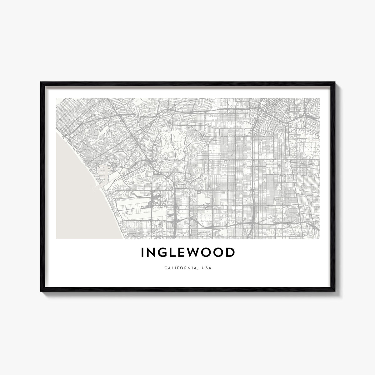 Inglewood black & white map poster of California, USA – horizontal wall art, unframed print shown in interior mockup