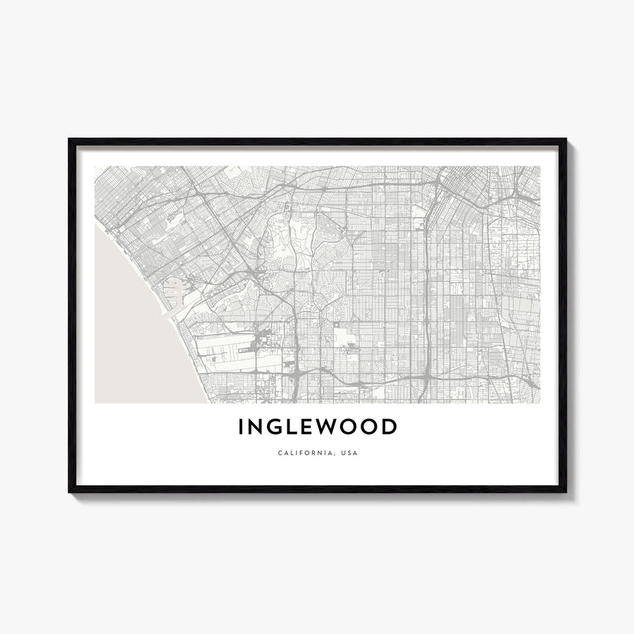 Inglewood black & white map poster of California, USA – horizontal wall art, unframed print shown in interior mockup