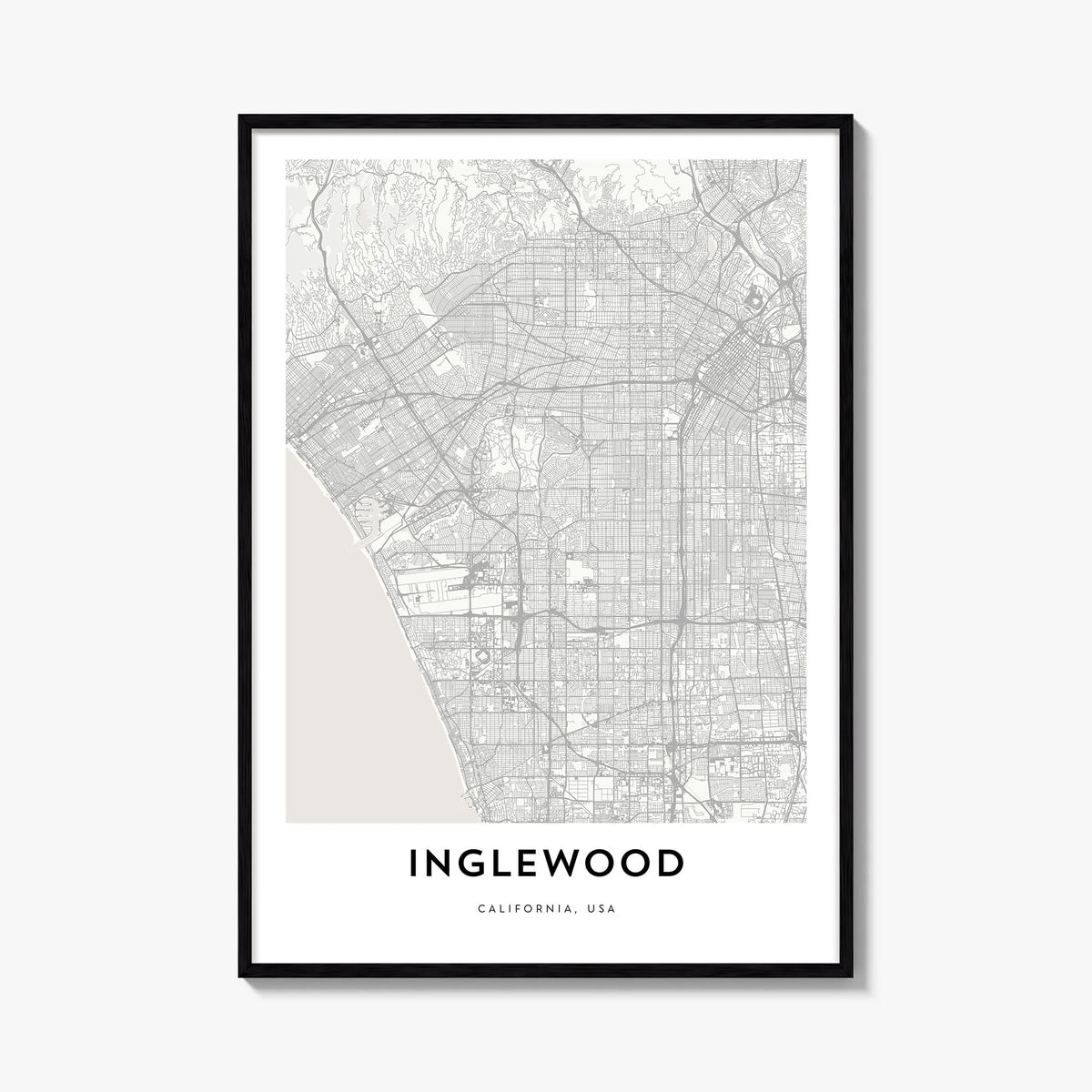Inglewood black & white map poster of California, USA – vertical wall art, unframed print shown in interior mockup