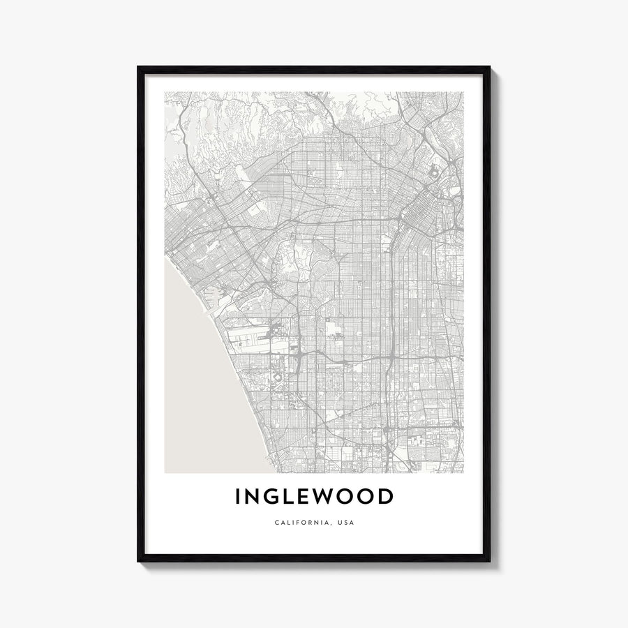 Inglewood black & white map poster of California, USA – vertical wall art, unframed print shown in interior mockup