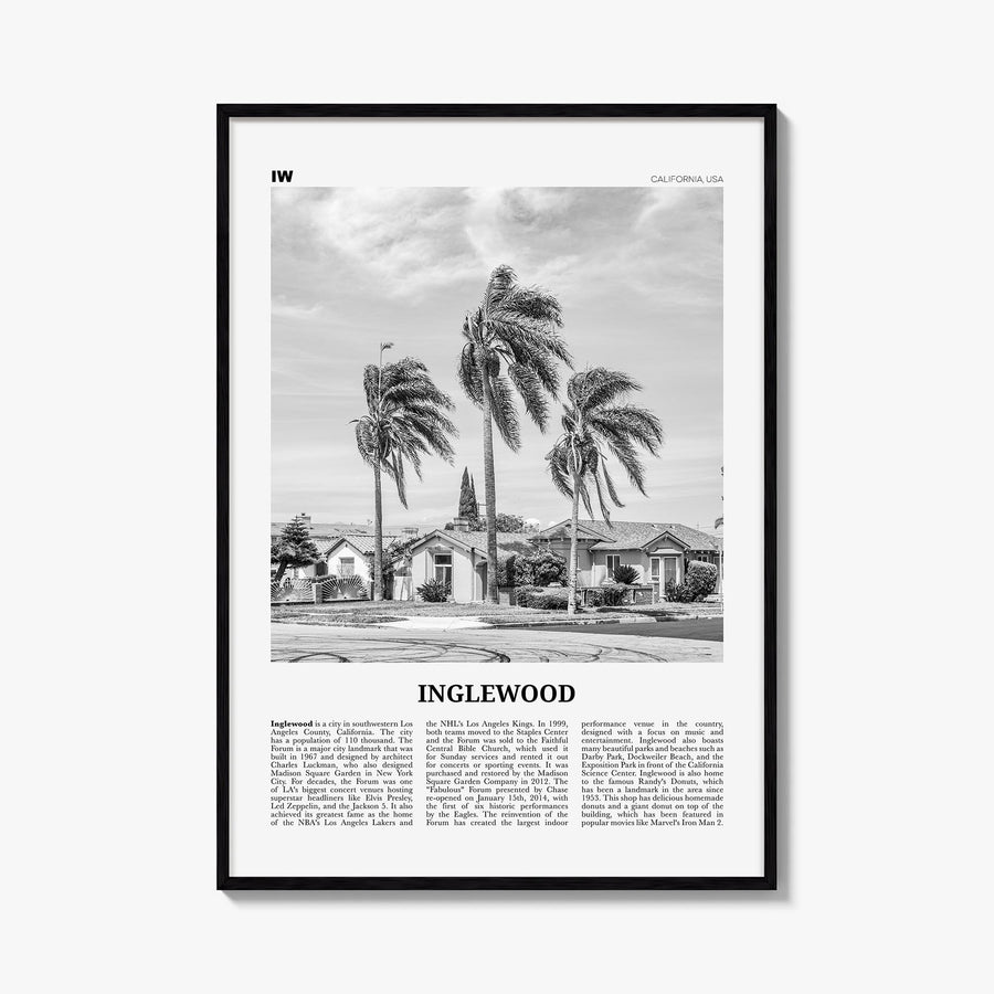 Inglewood black & white newspaper poster of California, USA – vertical wall art, unframed print shown in interior mockup