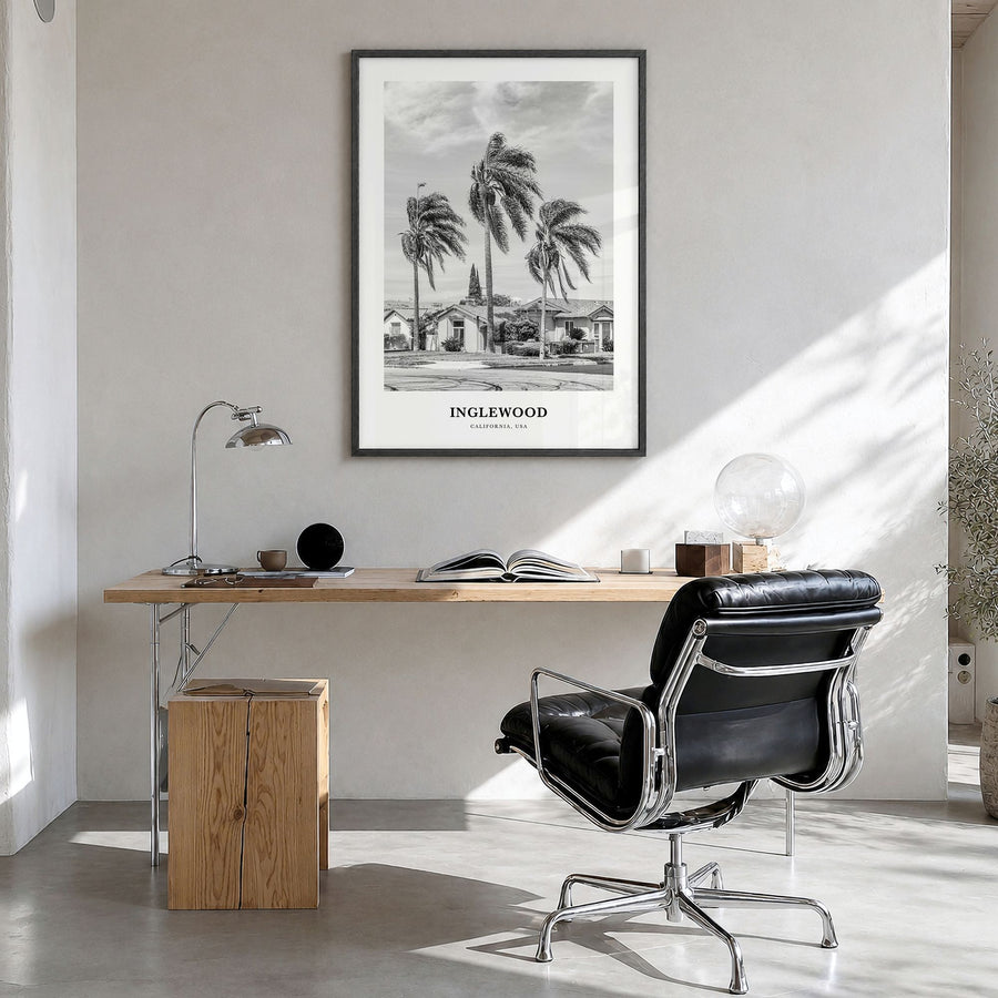 Inglewood Classic Poster in a black wood frame, hanging in a bright home office