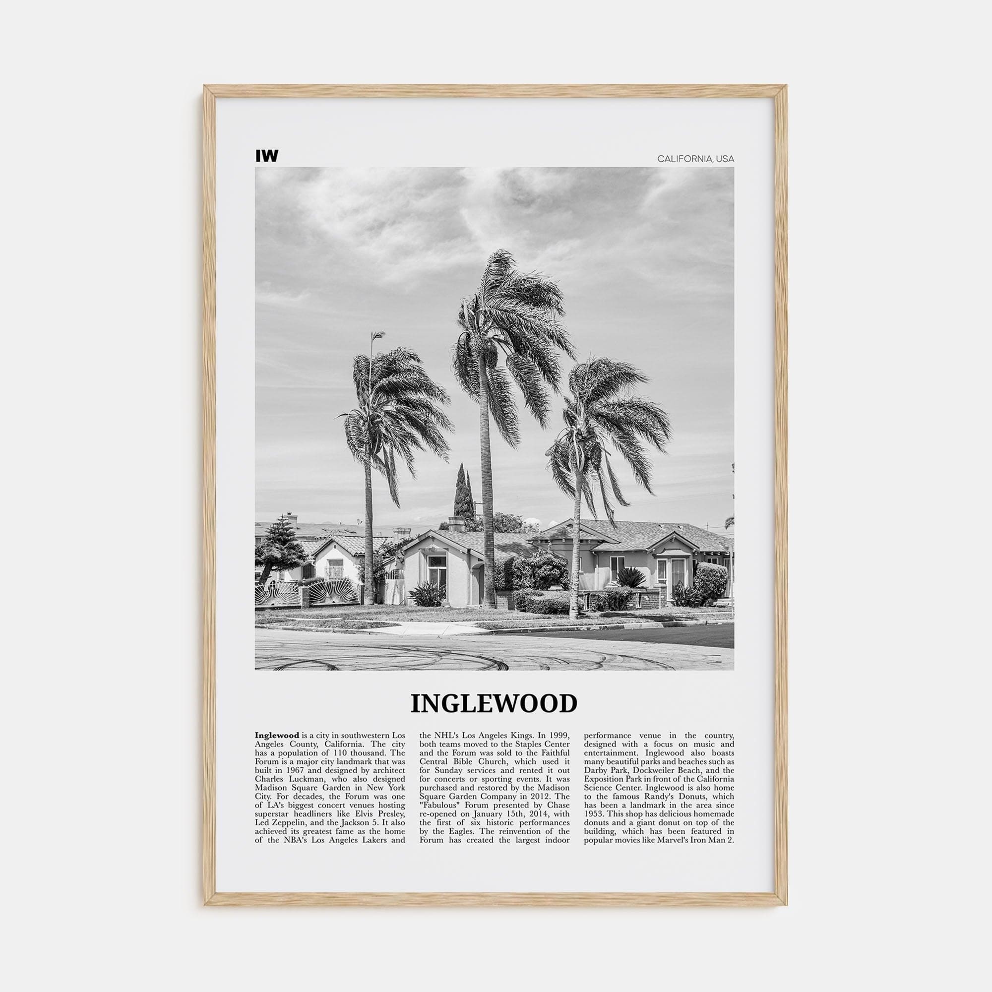 Inglewood Poster Natural Wood / 8x12 in Nbourhood Travel B&W Poster