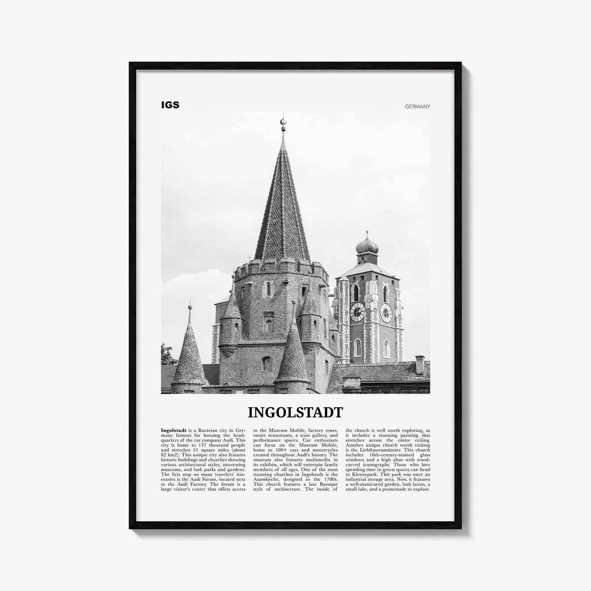 Ingolstadt black & white newspaper poster of Germany – vertical wall art, unframed print shown in interior mockup