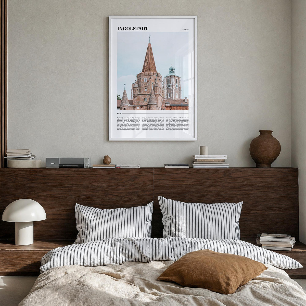 Ingolstadt colorful travel poster of Germany – vertical wall art in white wood frame, hanging on wall