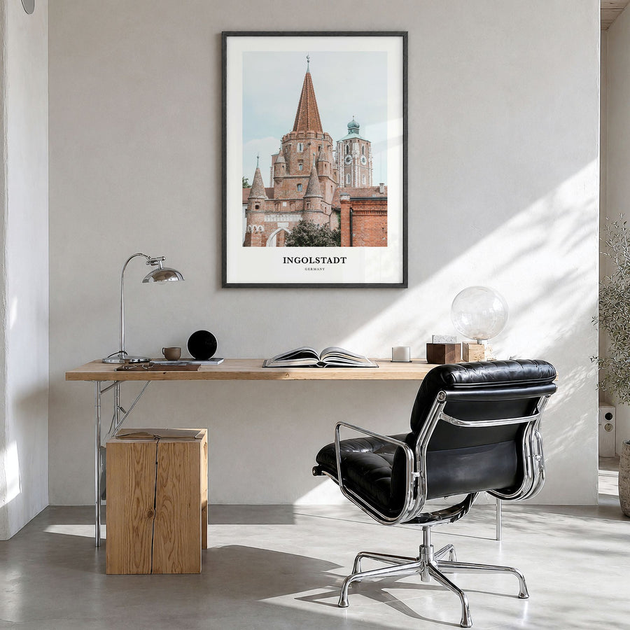 Ingolstadt Classic Poster in a black wood frame, hanging in a bright home office