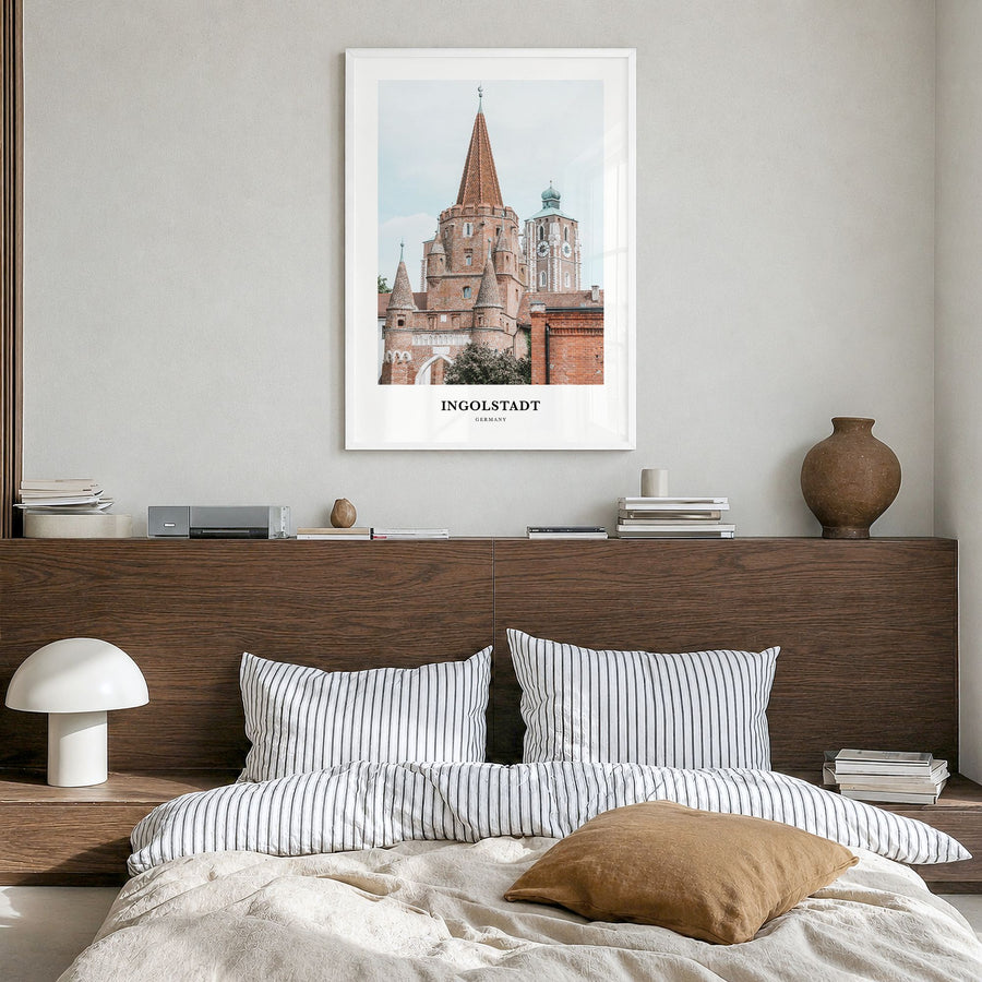 Ingolstadt Classic Poster in a white wood frame, hanging in a bedroom