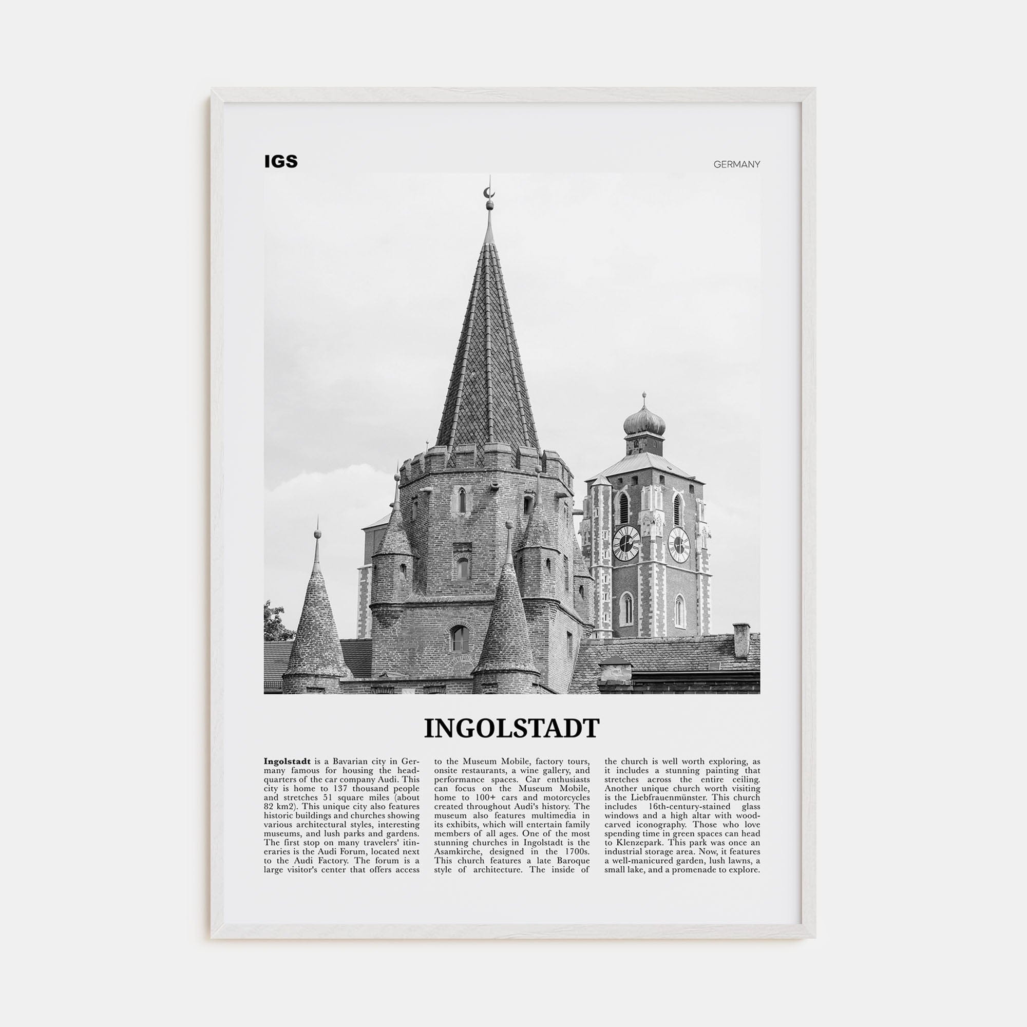 Ingolstadt Poster White Wood / 8x12 in Nbourhood Travel B&W Poster