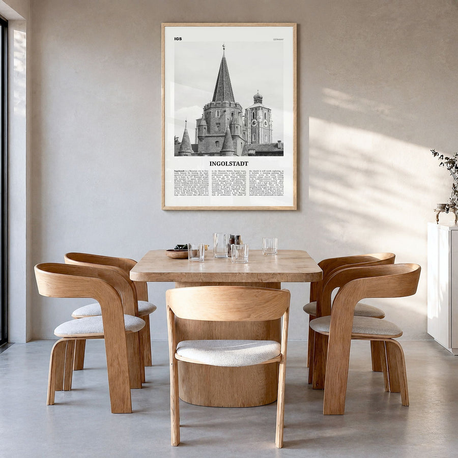 Ingolstadt Newspaper Poster in a natural wood frame, hanging in a dining room