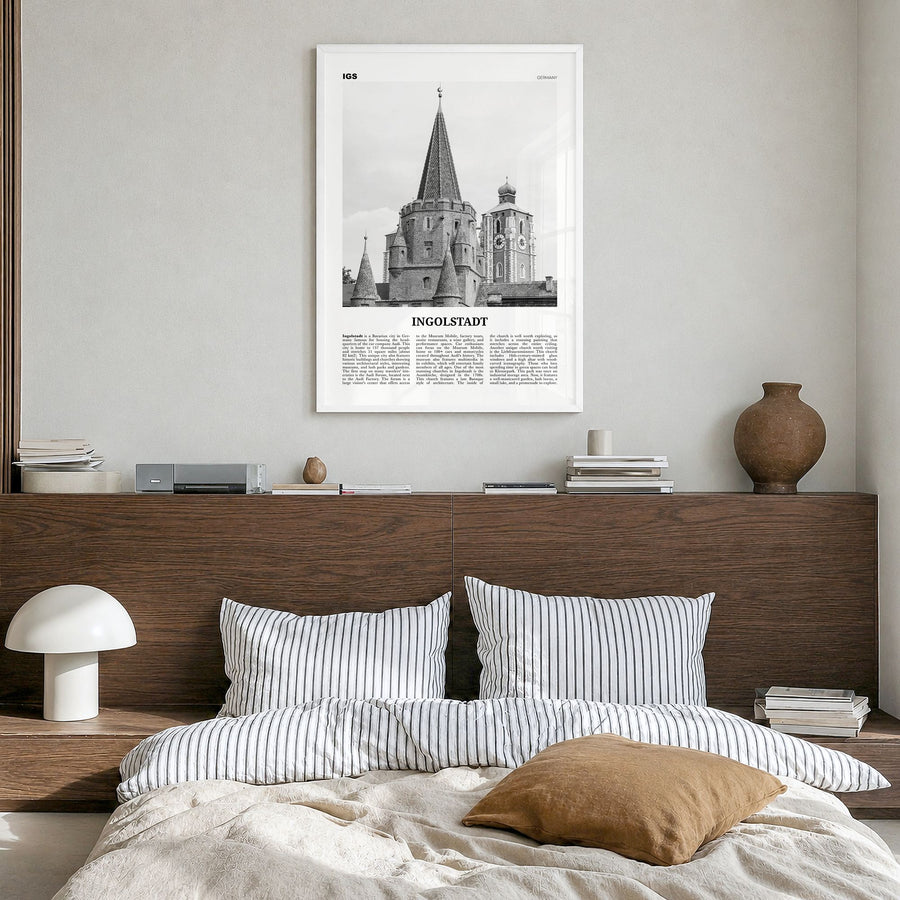 Ingolstadt Newspaper Poster in a white wood frame, hanging in a bedroom