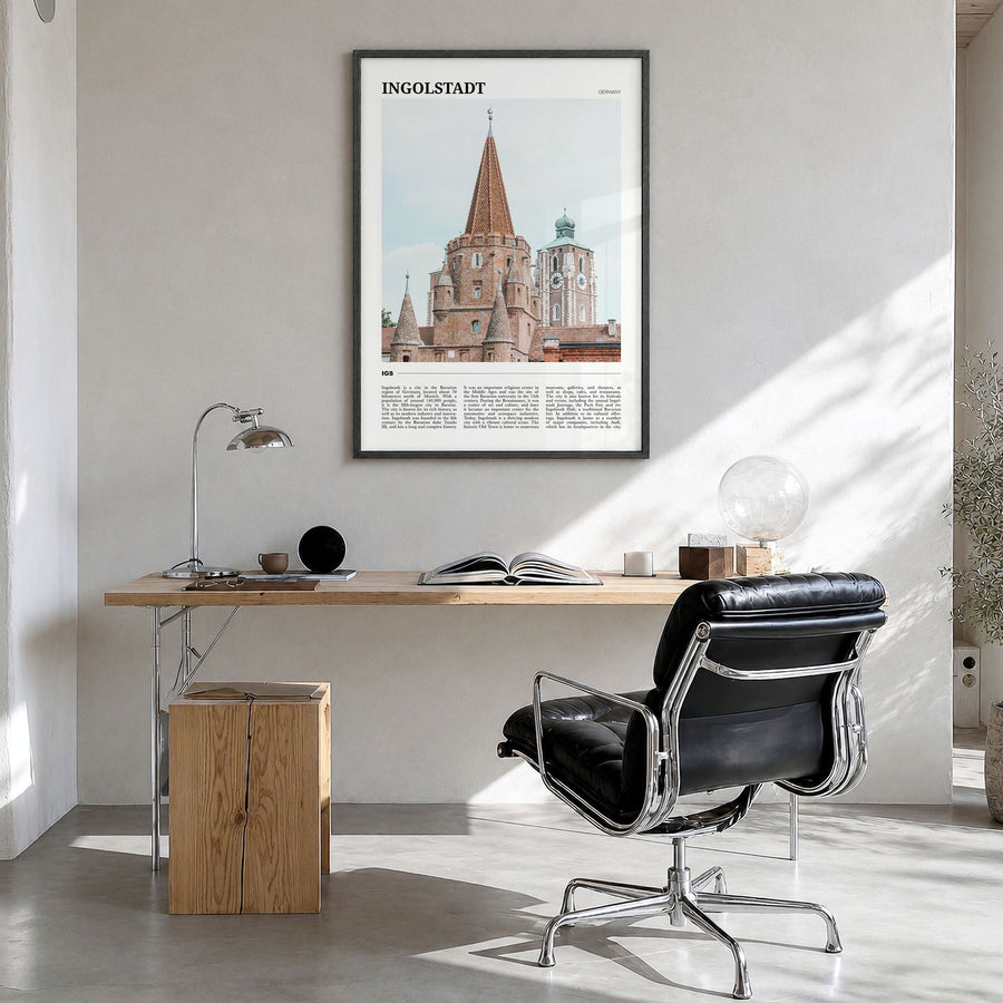 Ingolstadt Travel Poster in a black wood frame, hanging in a bright home office
