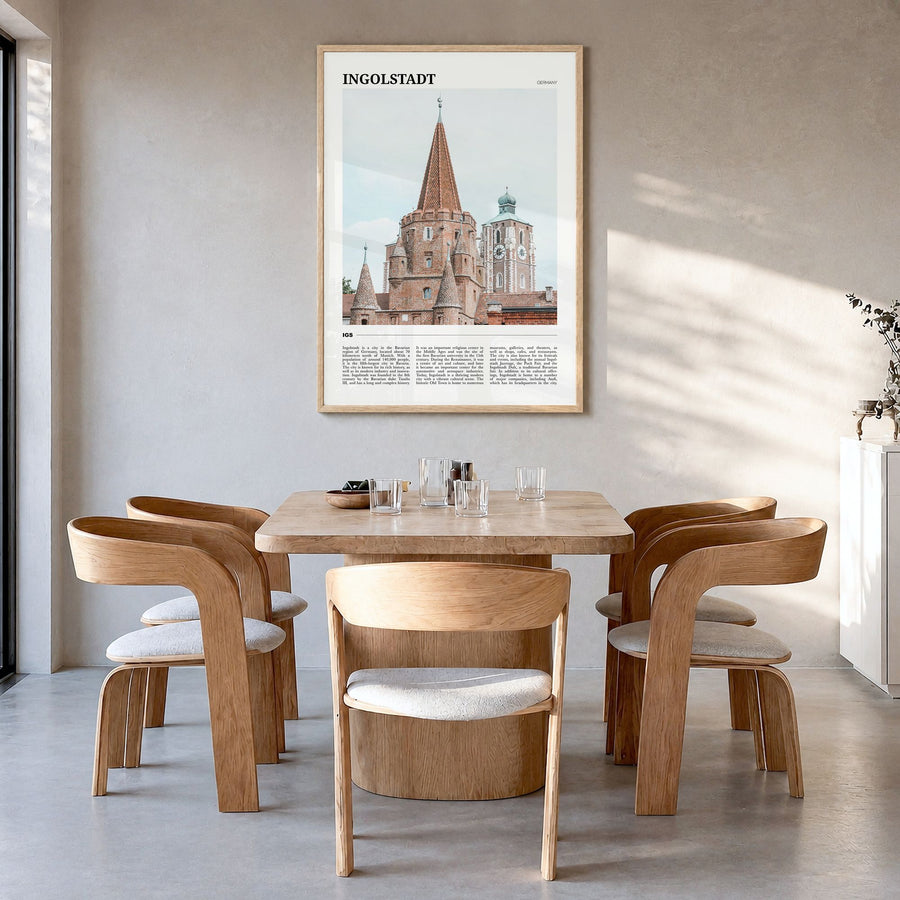 Ingolstadt Travel Poster in a natural wood frame, hanging in a dining room
