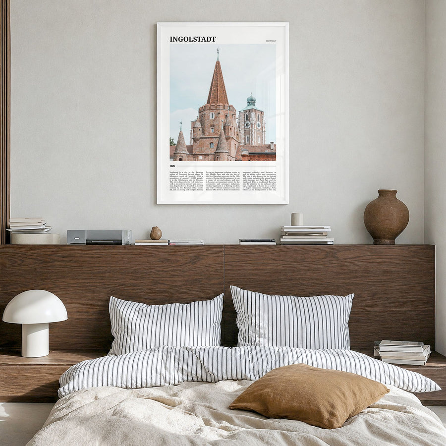 Ingolstadt Travel Poster in a white wood frame, hanging in a bedroom