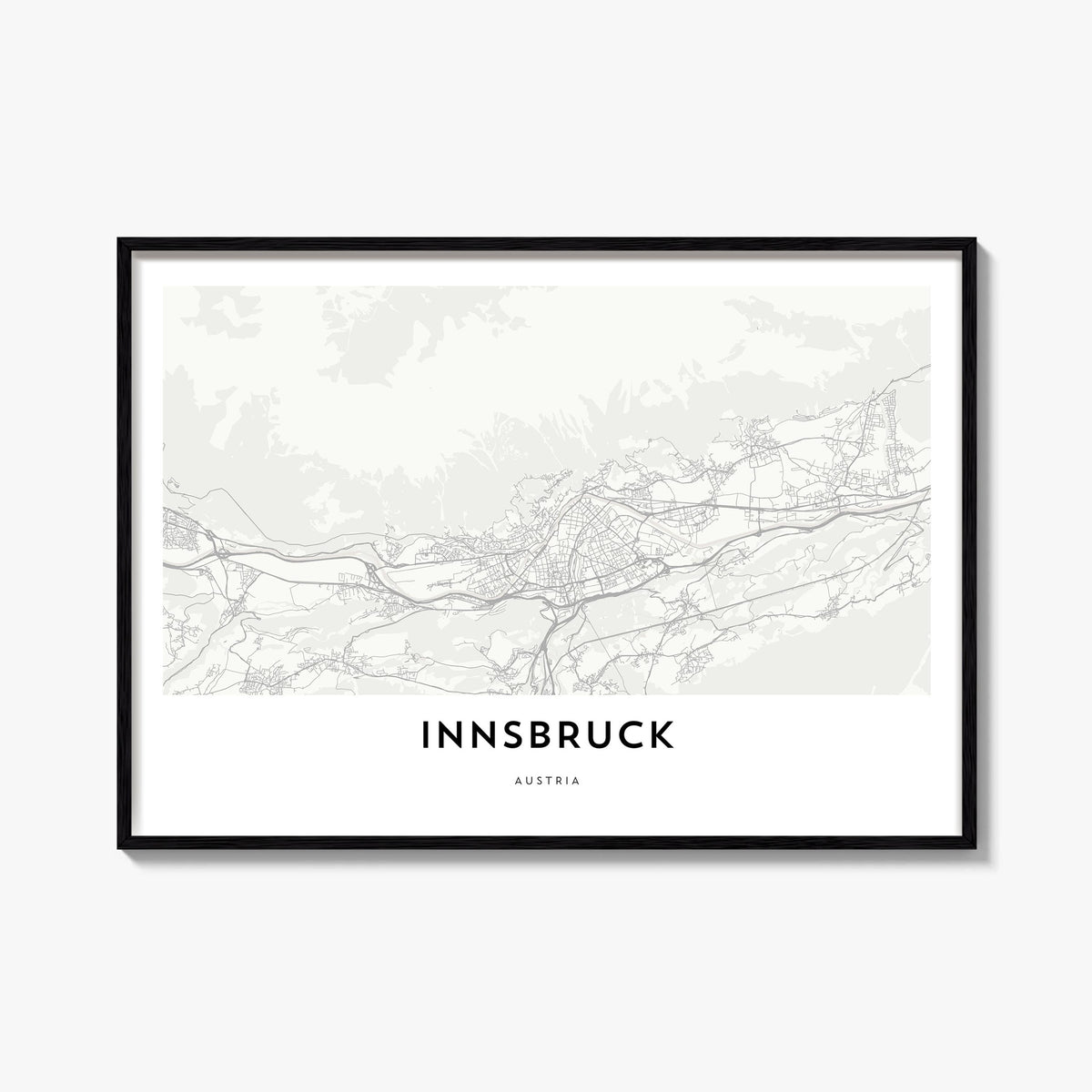 Innsbruck black & white map poster of Austria – horizontal wall art, unframed print shown in interior mockup
