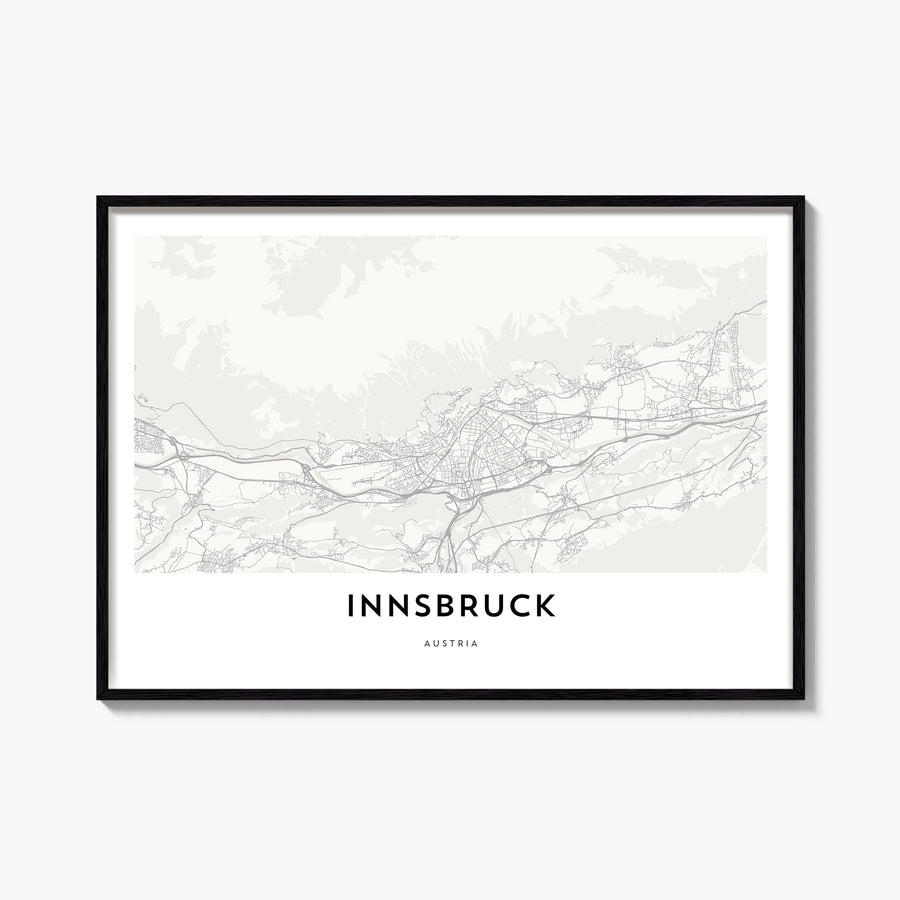 Innsbruck black & white map poster of Austria – horizontal wall art, unframed print shown in interior mockup