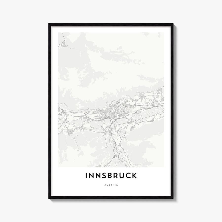 Innsbruck black & white map poster of Austria – vertical wall art, unframed print shown in interior mockup