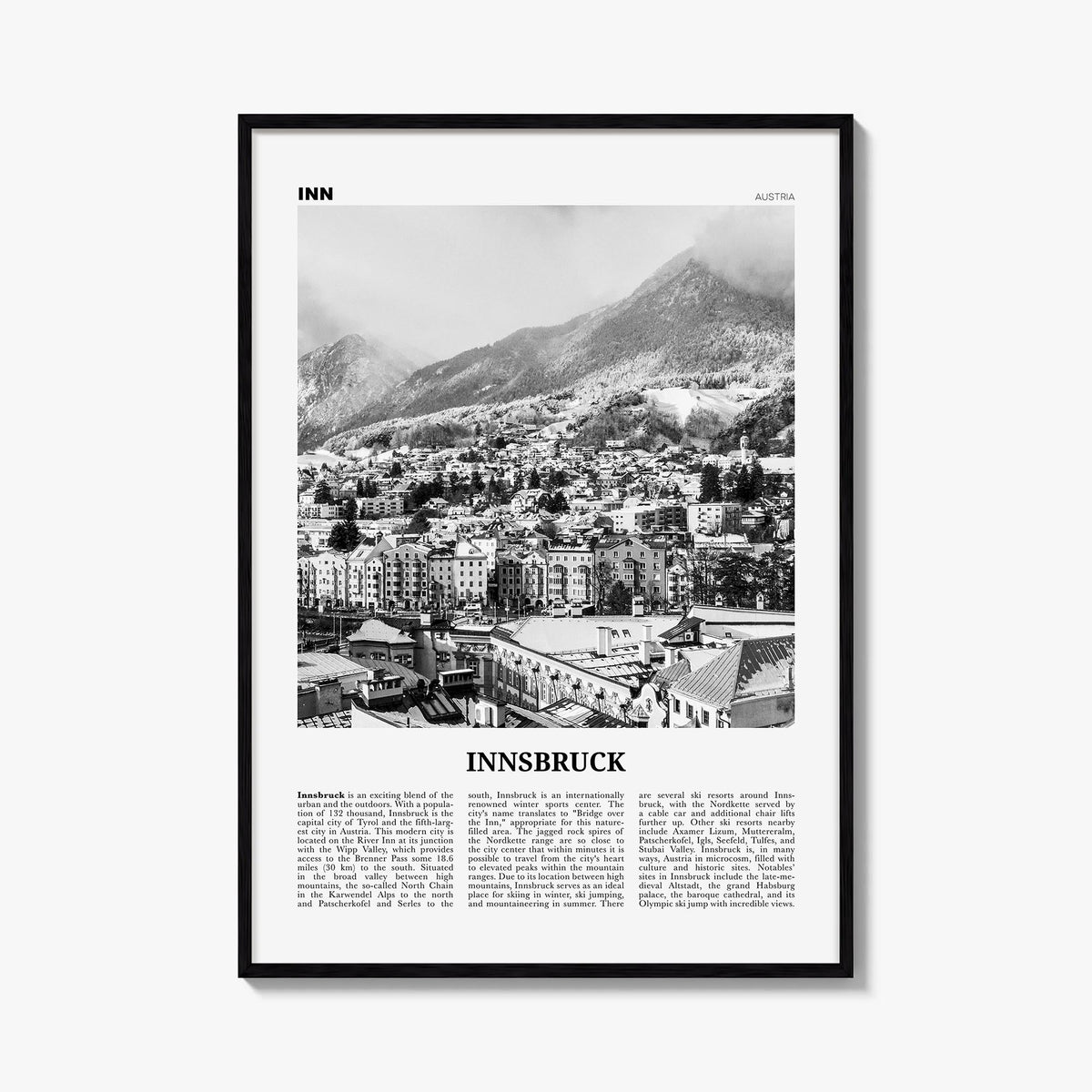 Innsbruck black & white newspaper poster of Austria – vertical wall art, unframed print shown in interior mockup