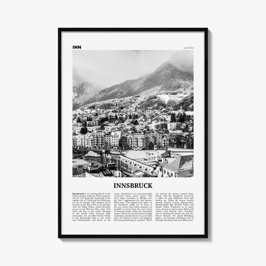 Innsbruck black & white newspaper poster of Austria – vertical wall art, unframed print shown in interior mockup