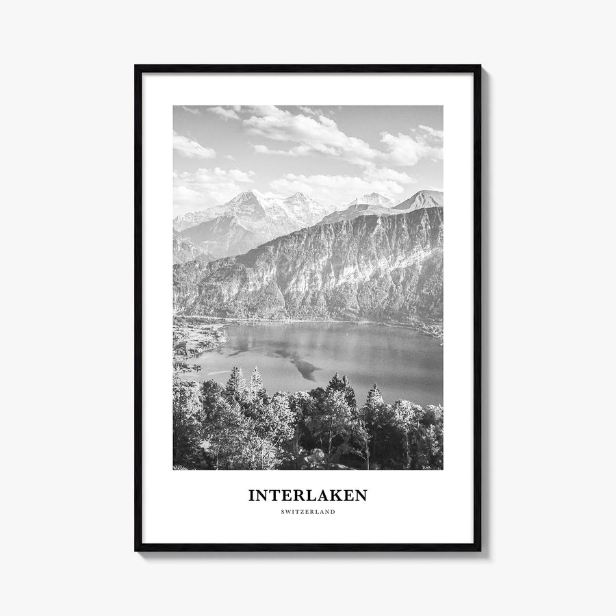 Interlaken black & white classic poster of Switzerland – vertical wall art, unframed print shown in interior mockup