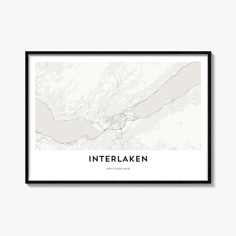 Interlaken black & white map poster of Switzerland – horizontal wall art, unframed print shown in interior mockup