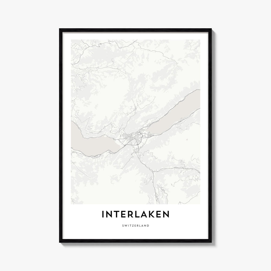 Interlaken black & white map poster of Switzerland – vertical wall art, unframed print shown in interior mockup