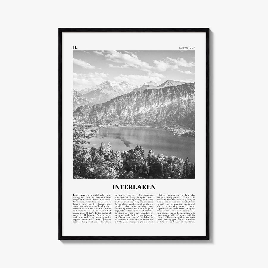 Interlaken black & white newspaper poster of Switzerland – vertical wall art, unframed print shown in interior mockup