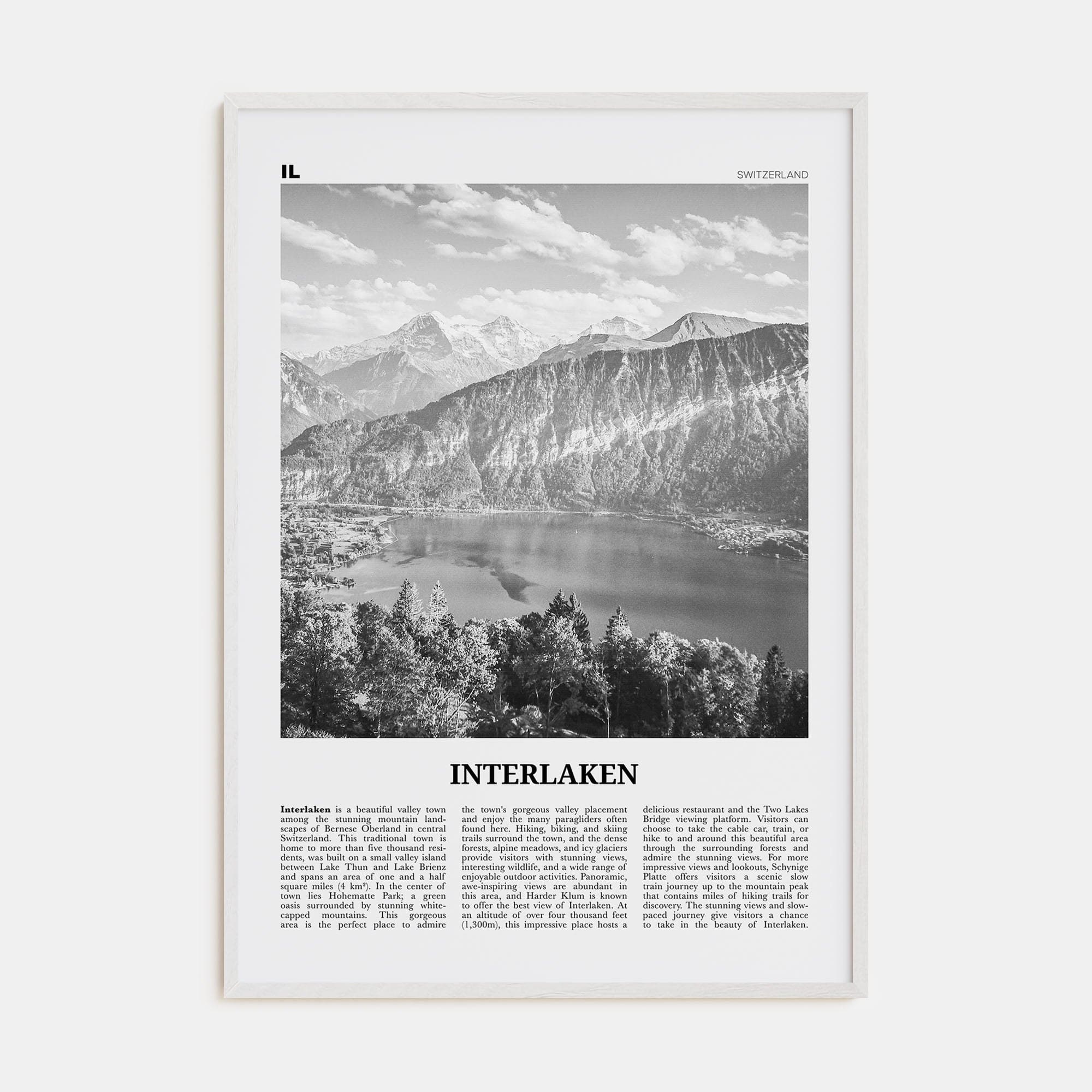 Interlaken Poster White Wood / 8x12 in Nbourhood Travel B&W Poster