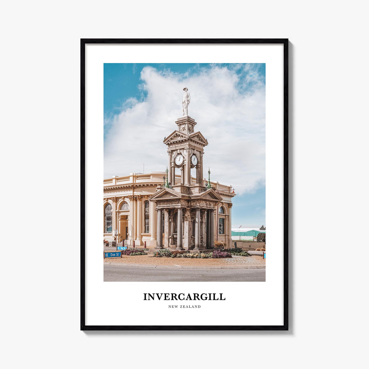 Invercargill colorful classic poster of New Zealand – vertical wall art, unframed print shown in interior mockup