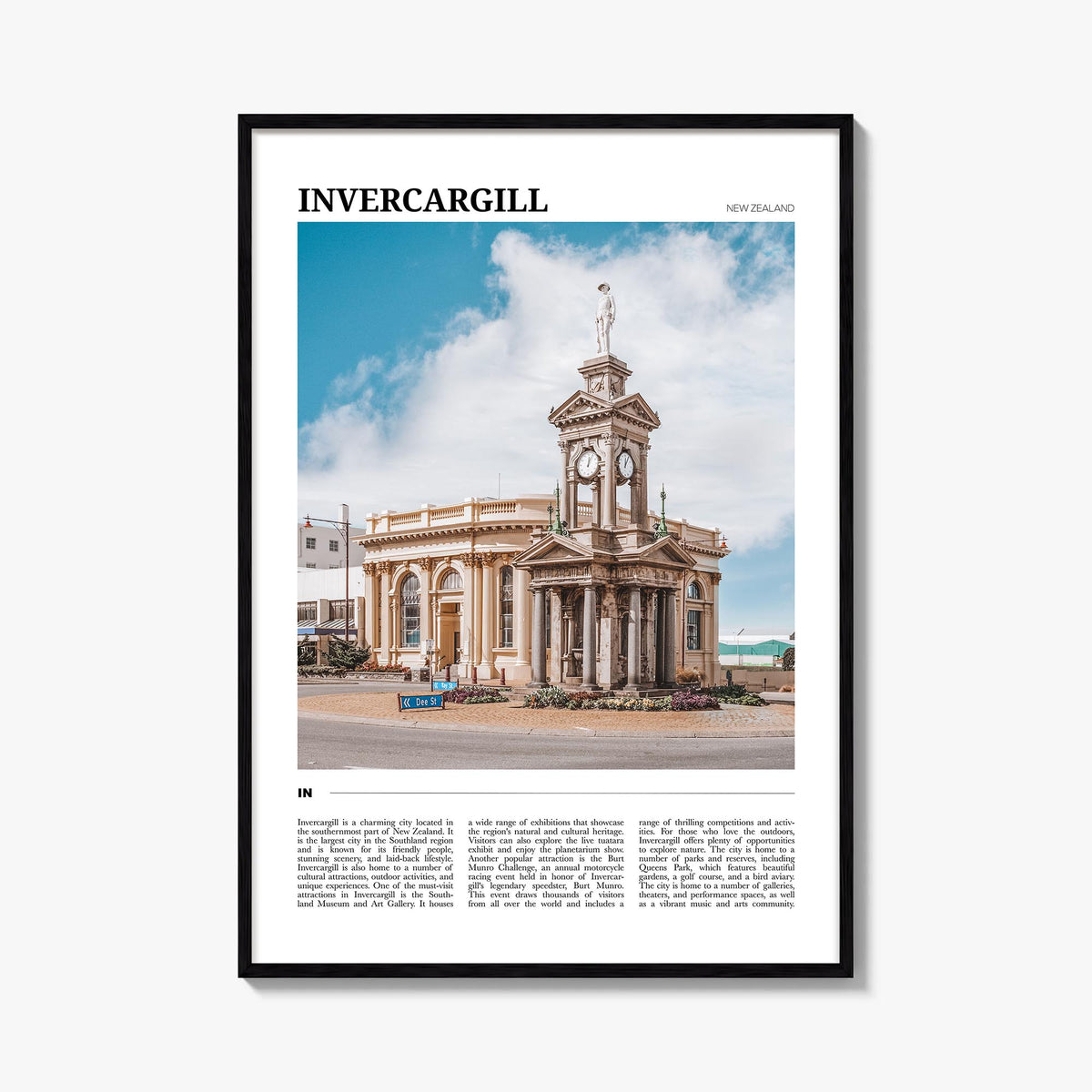 Invercargill colorful travel poster of New Zealand – vertical wall art, unframed print shown in interior mockup
