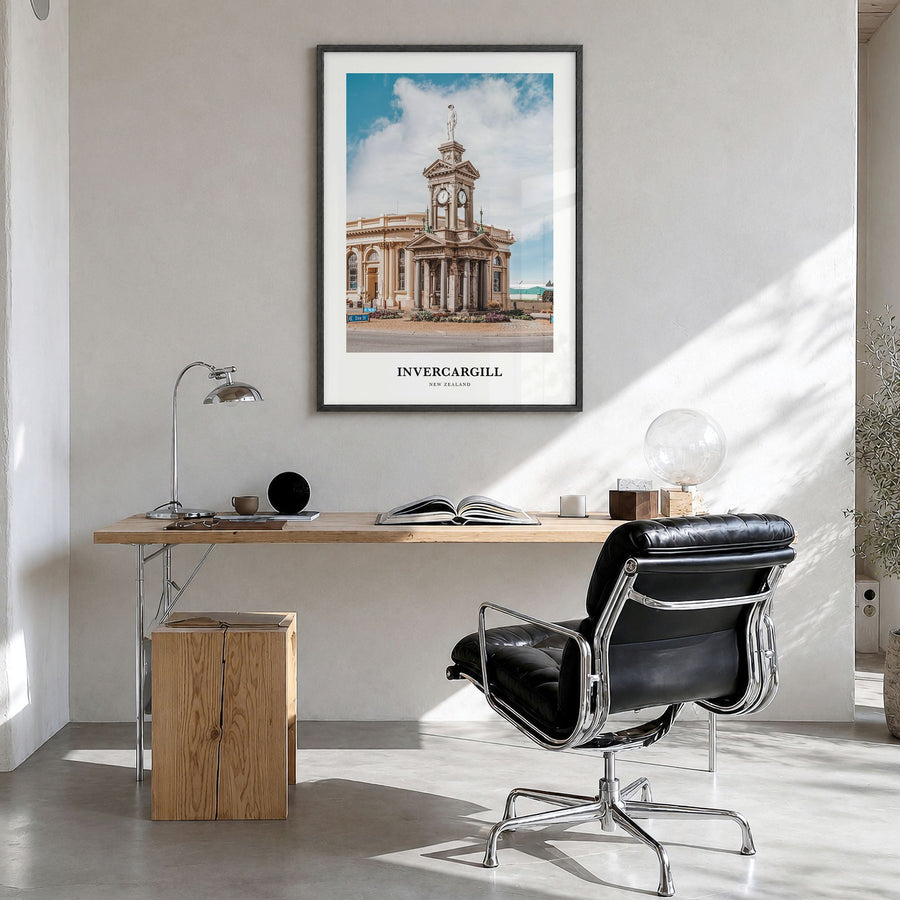 Invercargill Classic Poster in a black wood frame, hanging in a bright home office