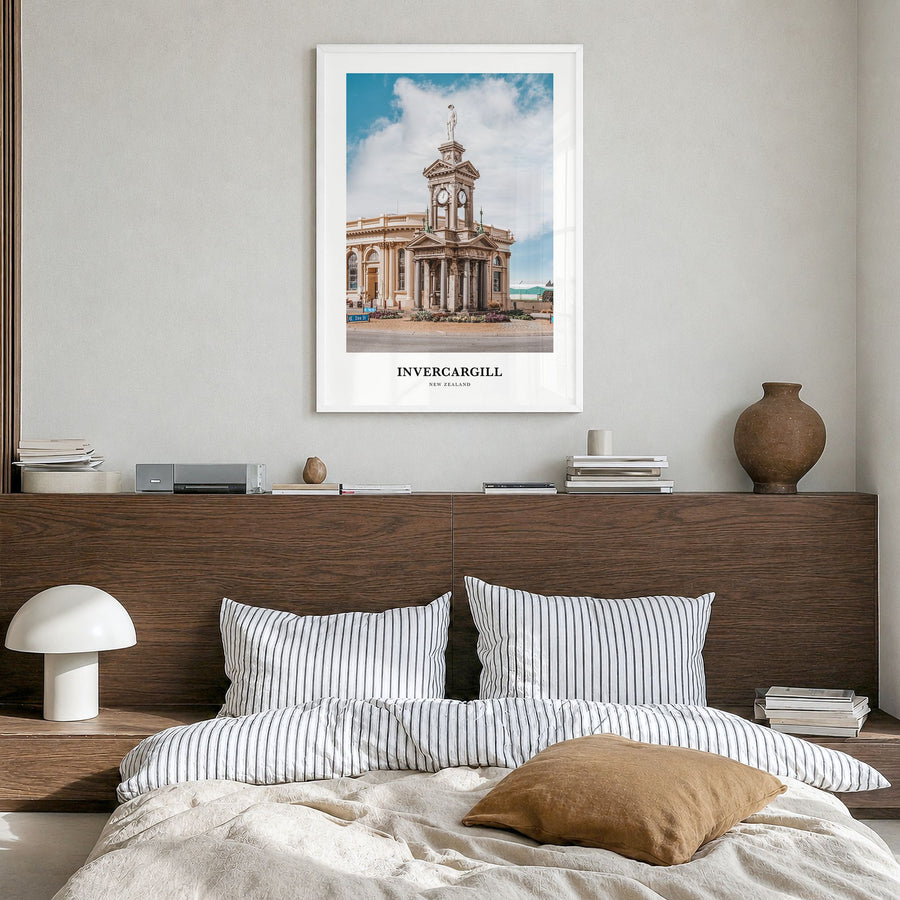 Invercargill Classic Poster in a white wood frame, hanging in a bedroom