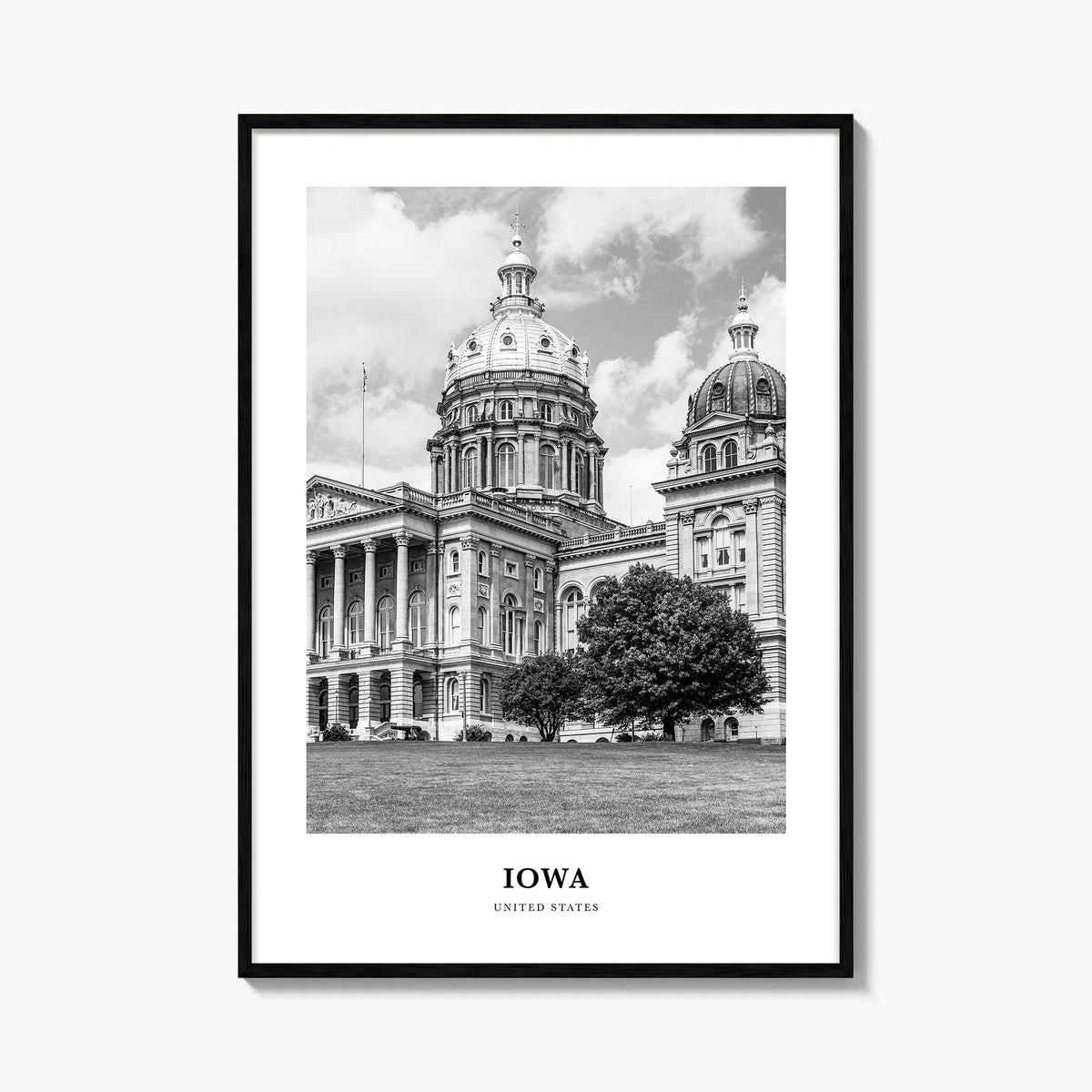Iowa black & white classic poster of United States – vertical wall art, unframed print shown in interior mockup