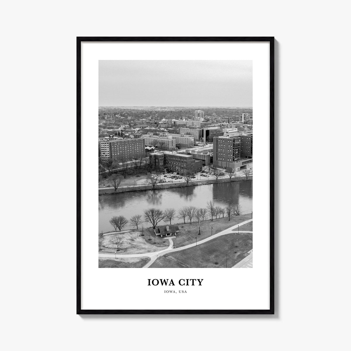 Iowa City black & white classic poster of Iowa, USA – vertical wall art, unframed print shown in interior mockup