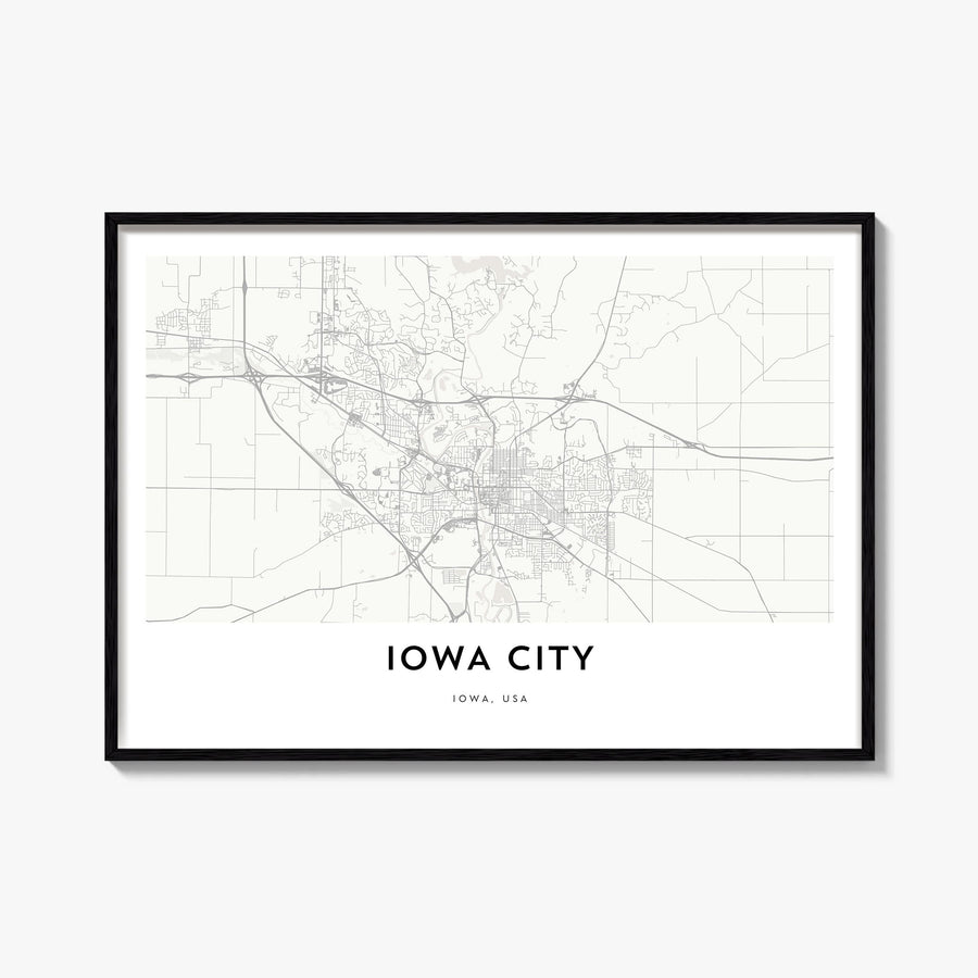 Iowa City black & white map poster of Iowa, USA – horizontal wall art, unframed print shown in interior mockup