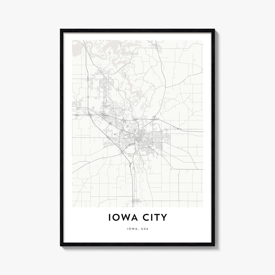 Iowa City black & white map poster of Iowa, USA – vertical wall art, unframed print shown in interior mockup