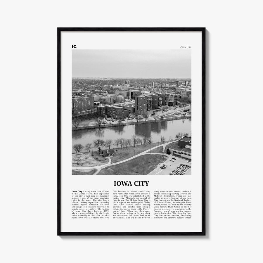 Iowa City black & white newspaper poster of Iowa, USA – vertical wall art, unframed print shown in interior mockup