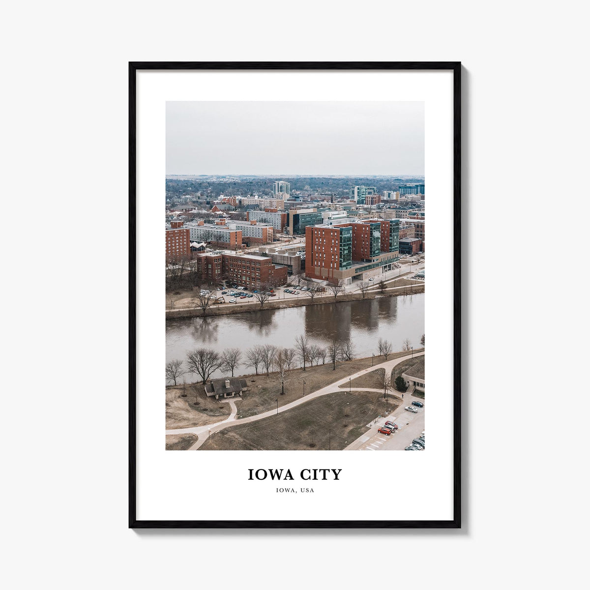 Iowa City colorful classic poster of Iowa, USA – vertical wall art, unframed print shown in interior mockup