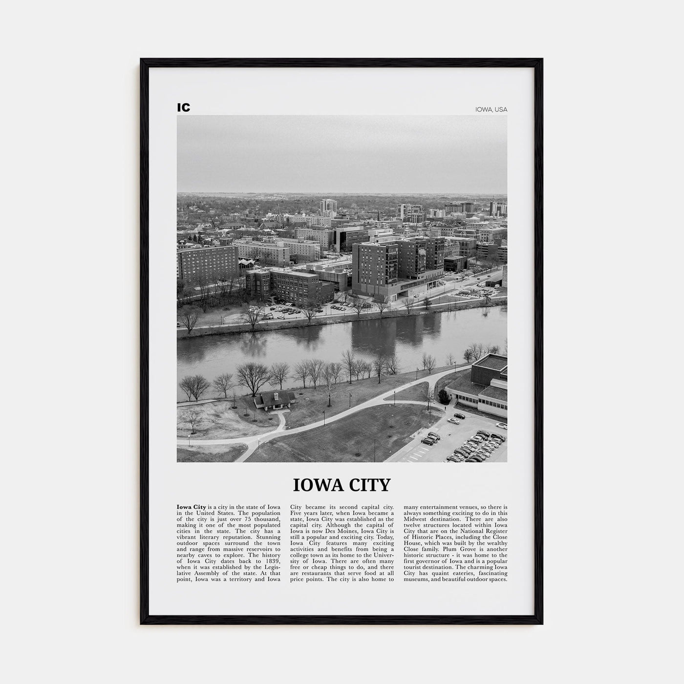 Iowa City Poster Black Wood / 8x12 in Nbourhood Travel B&W Poster