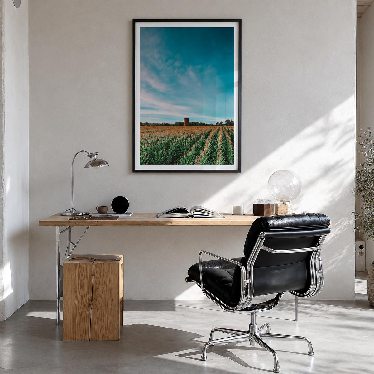 Iowa colorful photo poster of United States – vertical wall art in black wood frame with white border, hanging on wall