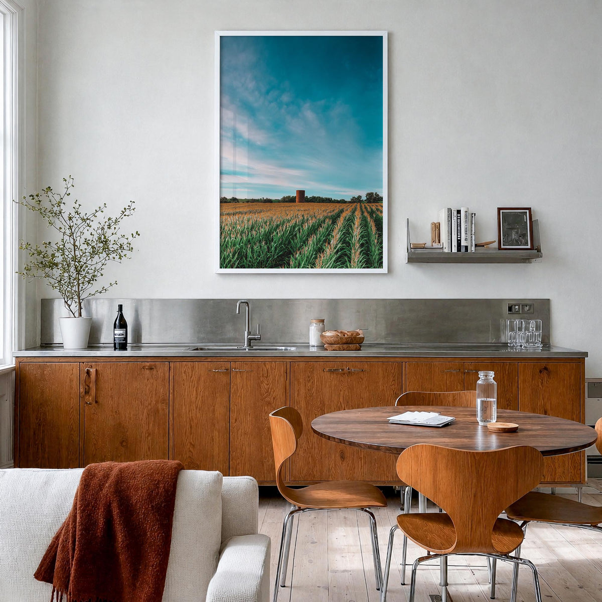 Iowa colorful photo poster of United States – vertical wall art in white wood frame, hanging on wall