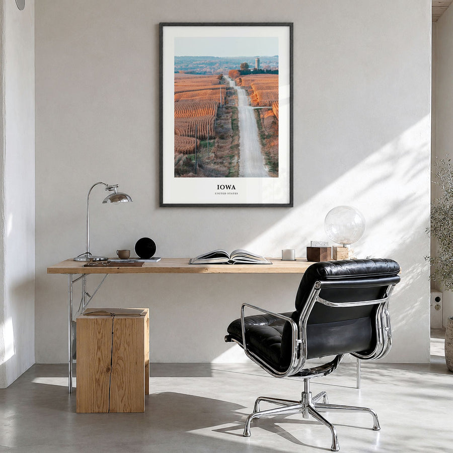 Iowa Classic Poster in a black wood frame, hanging in a bright home office