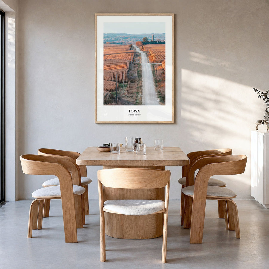 Iowa Classic Poster in a natural wood frame, hanging in a dining room