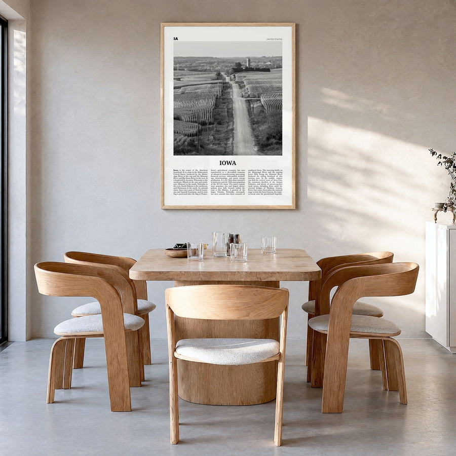 Iowa Newspaper No 1 Poster in a natural wood frame, hanging in a dining room