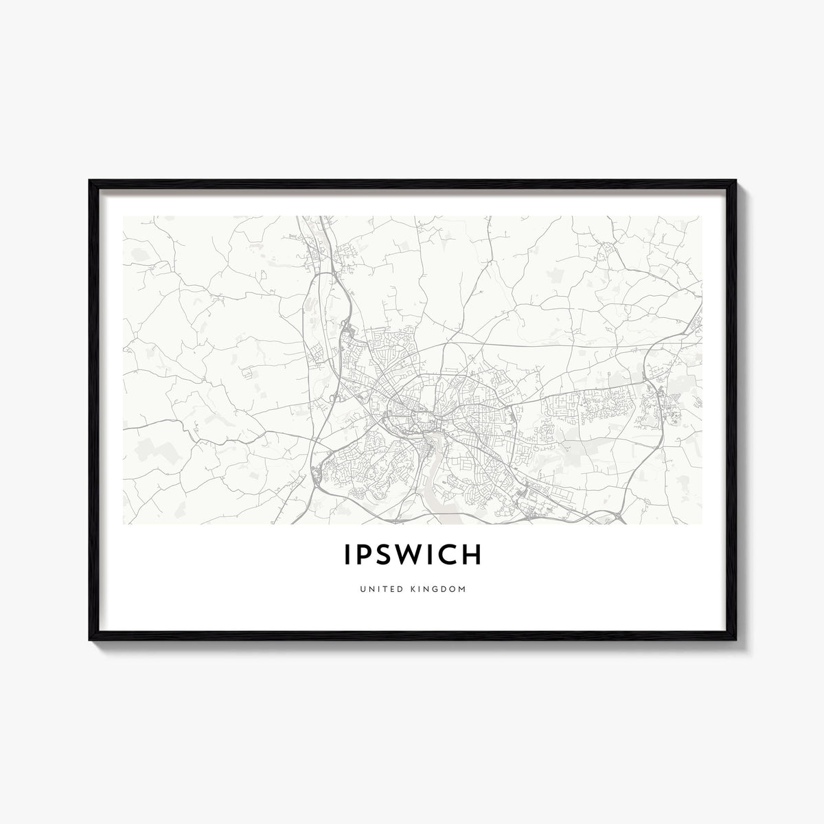 Ipswich black & white map poster of England, UK – horizontal wall art, unframed print shown in interior mockup