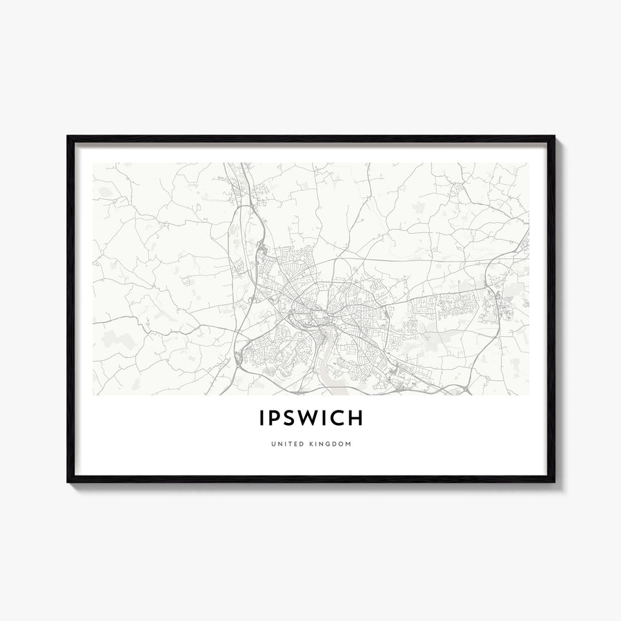 Ipswich black & white map poster of England, UK – horizontal wall art, unframed print shown in interior mockup