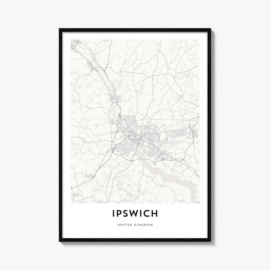 Ipswich black & white map poster of England, UK – vertical wall art, unframed print shown in interior mockup