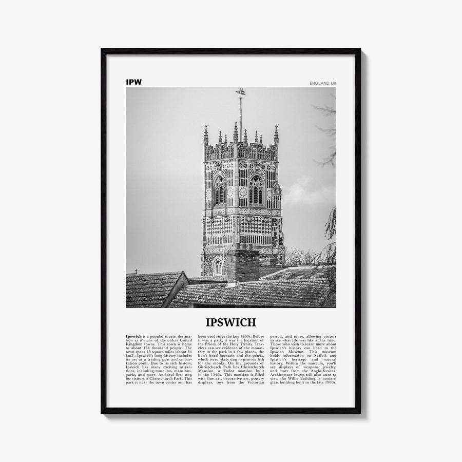 Ipswich black & white newspaper poster of England, UK – vertical wall art, unframed print shown in interior mockup