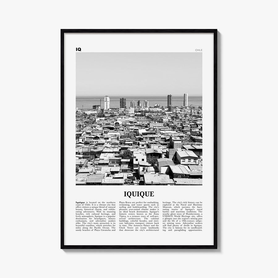 Iquique black & white newspaper poster of Chile – vertical wall art, unframed print shown in interior mockup