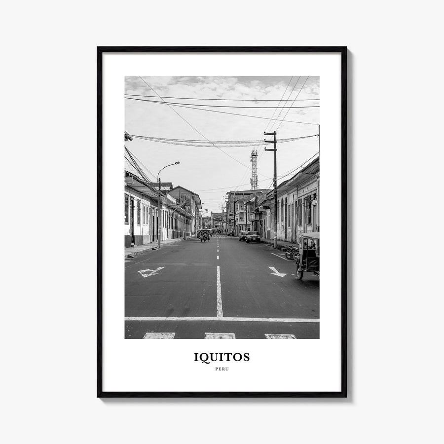 Iquitos black & white classic poster of Peru – vertical wall art, unframed print shown in interior mockup